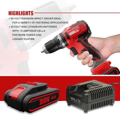 IBELL TOOLS IBELL Brushless Cordless Impact Driver Drill Bm18-60, 20V, 1450 Rpm, Chuck 10 Mm, Li-Ion 1500Mah, 20 Level Torque, 3 Mode Selections With 2 Batteries, (12Months Motor Warranty), Red - Image 4