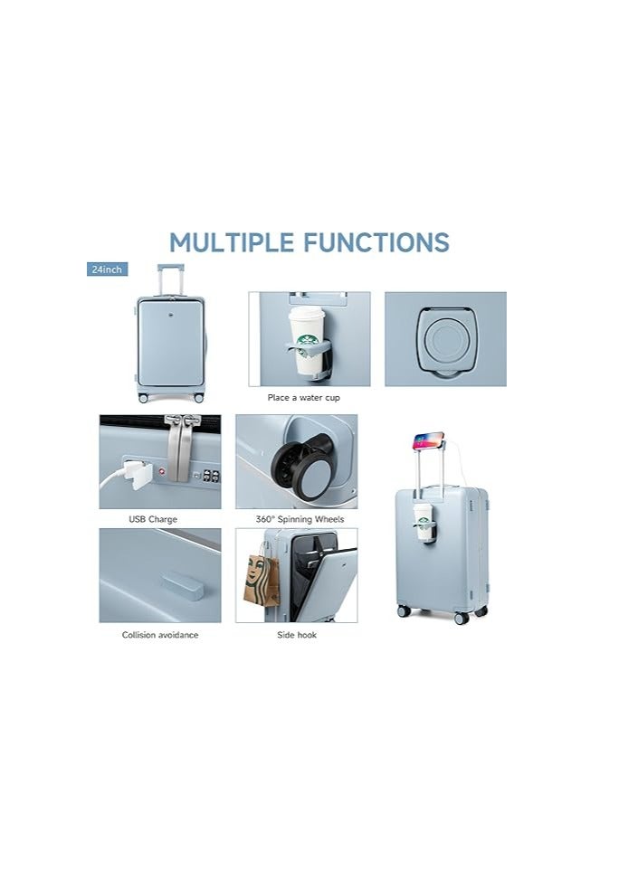 Heartales 20'' Carry On Luggage bag with Cup phone mobile Holder & Charger and TSA Lock, Trolley with Front Laptop Pocket compartment & USB Port, Aluminum Frame PC Travel Suitcase, Spinner Wheels-Blue