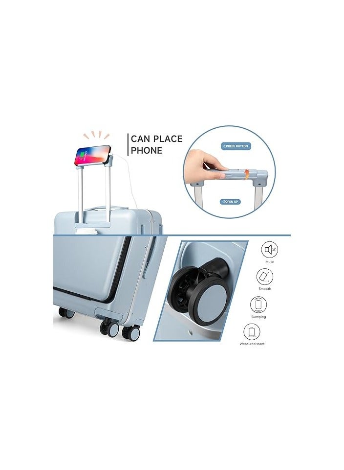 Heartales 20'' Carry On Luggage bag with Cup phone mobile Holder & Charger and TSA Lock, Trolley with Front Laptop Pocket compartment & USB Port, Aluminum Frame PC Travel Suitcase, Spinner Wheels-Blue