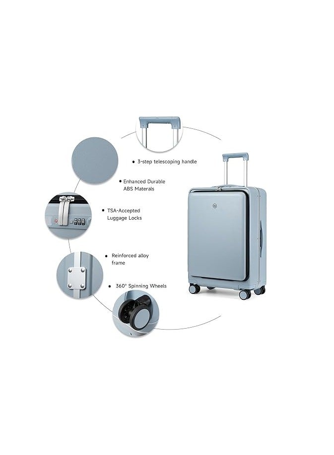 Heartales 20'' Carry On Luggage bag with Cup phone mobile Holder & Charger and TSA Lock, Trolley with Front Laptop Pocket compartment & USB Port, Aluminum Frame PC Travel Suitcase, Spinner Wheels-Blue