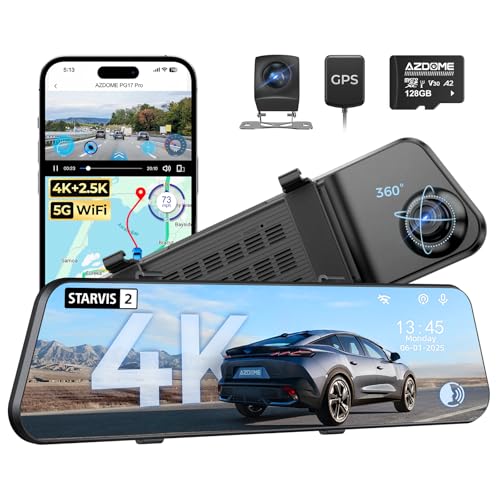 AZDOME PG17 Pro 4K+2.5K Mirror Dash Cam with STARVIS 2 & 5G WiFi Rear View Mirror Camera, OTA Upgraded, Parking Assist, Voice Control, 128GB Card - Mirror Dash Cam with 12-Inch Touch Screen - Image 1