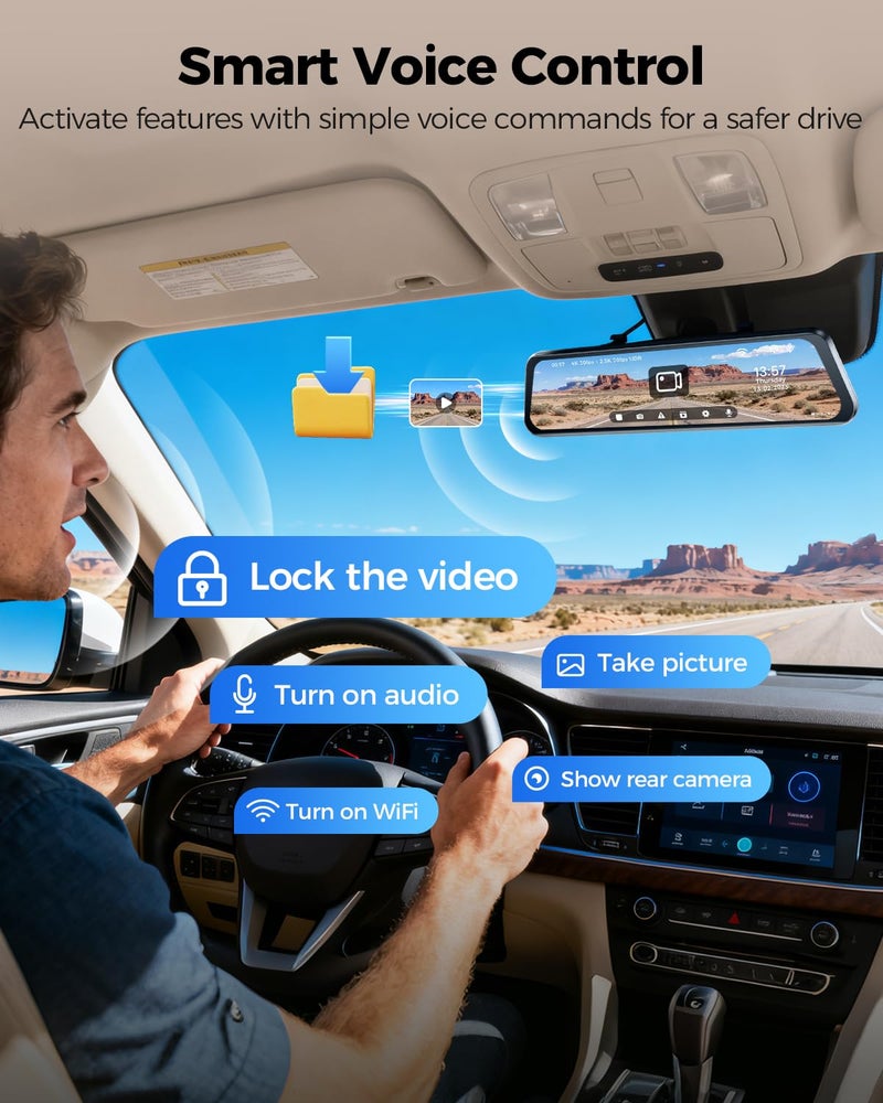 AZDOME PG17 Pro 4K+2.5K Mirror Dash Cam with STARVIS 2 & 5G WiFi Rear View Mirror Camera, OTA Upgraded, Parking Assist, Voice Control, 128GB Card - Mirror Dash Cam with 12-Inch Touch Screen - Image 5