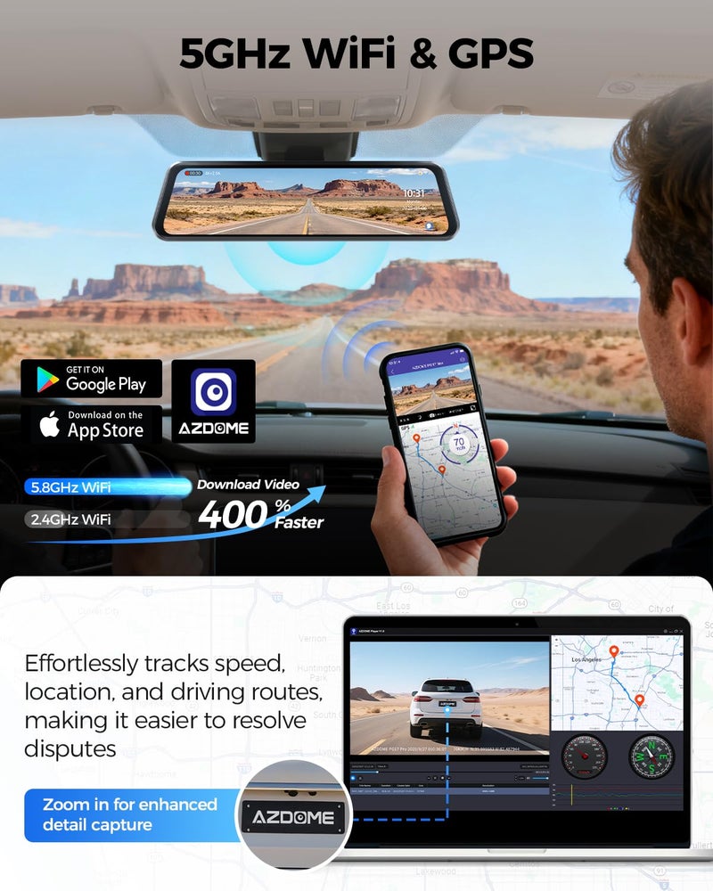 AZDOME PG17 Pro 4K+2.5K Mirror Dash Cam with STARVIS 2 & 5G WiFi Rear View Mirror Camera, OTA Upgraded, Parking Assist, Voice Control, 128GB Card - Mirror Dash Cam with 12-Inch Touch Screen - Image 4