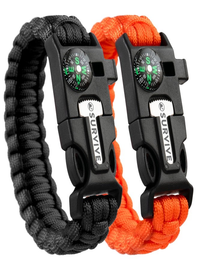 SURVIVE Paracord Bracelet, Pack of 2, Emergency Survival Kit Fire Starter Compass Whistle 10 ft Continuous Strand Flint Steel Scraper 5 in 1 - Image 1
