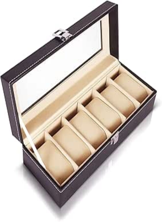 Kurtzy Watch Case Box Faux Leather Finish and Glass Window (Black -6 Slot), Black-6-Pillows, Leather