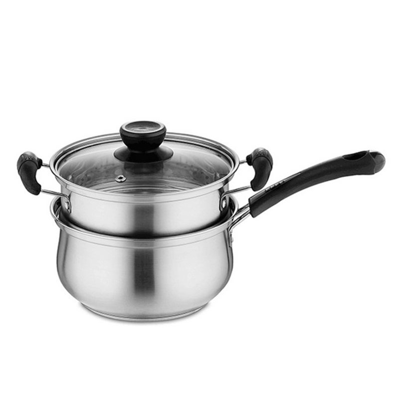 Stainless Steel Pot 18cm 1.5L Cool Bakelite Handles Steamer Insert - Durable For All Stove Tops Glass Lid With Air Vent for 1-2 People Home Kitchen - Image 1