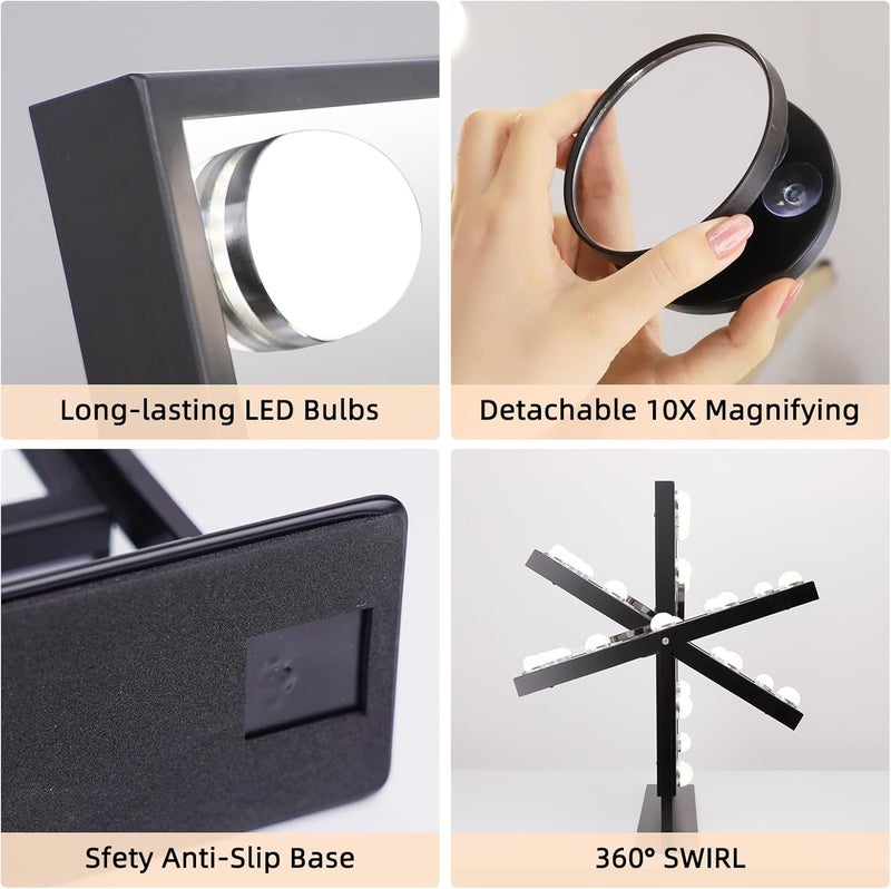 FENCHILIN Make-up Mirror with Lighting, 12 LED Illuminated Hollywood Mirror, 360° Rotatable, 10x Magnification, 3 Colour Lighting Modes, Black, 30 x 41 cm - Image 4