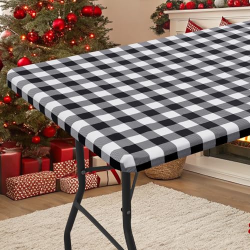 Smiry Rectangle Picnic Table Cloth, Elastic Waterproof Fitted Vinyl Tablecloths, Flannel Backed Buffalo Plaid Table Covers for Dining, Camping, Outdoor (Black and White, 30" x 72") - Image 1
