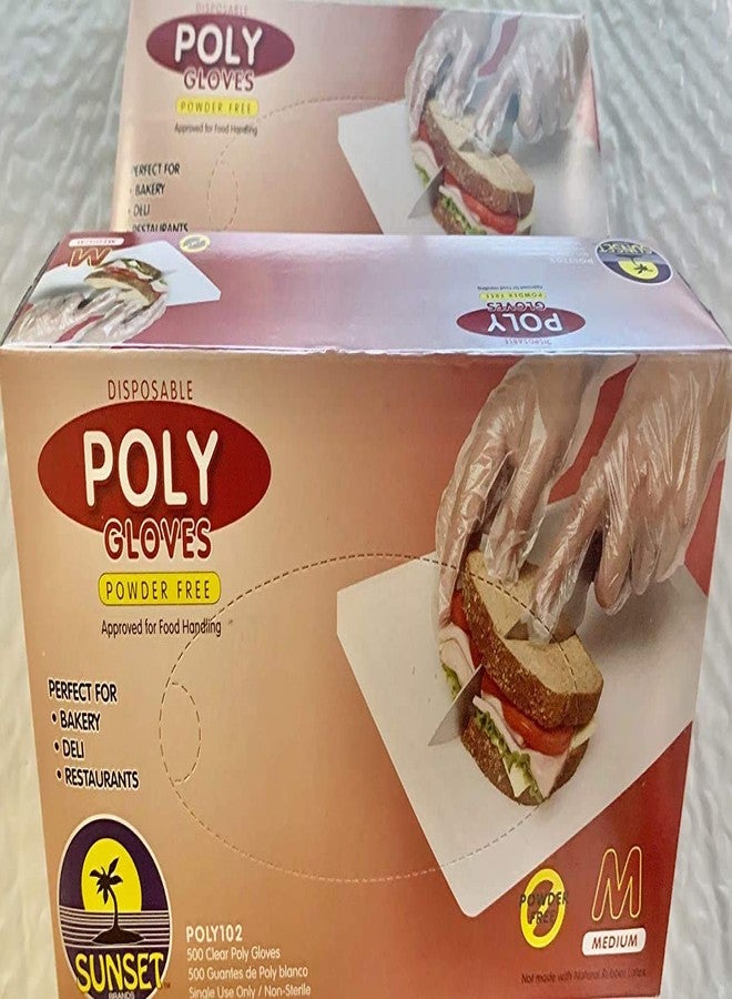 SunSet 500 Medium Size Disposable Poly Gloves, Powder Free, Smooth Touch, Food Service Grade, Polyethylene, Non-Sterile