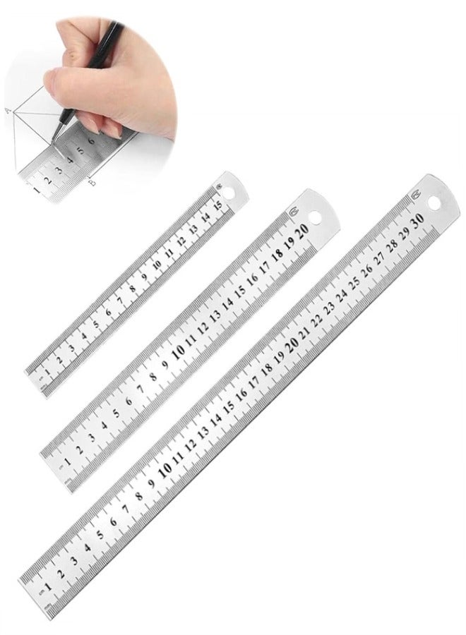 Stainless Steel Ruler, 3 Pcs Metal Ruler Straight Edge Measuring Tool 15cm，20cm, 30cm for Engineering, School, Office, Architect, Drawing - Image 1
