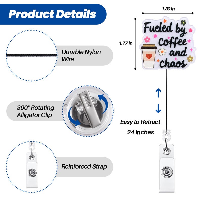 BVIIE Fueled by Coffee and Chaos Funny Badge Reel | Retractable ID Card Badge Holder | Coffee Lover Badge Buddy | Office Gifts for RN CNA MA LPN ER Nurse Doctor Teachers Coworkers | Acrylicï½œAlligator Clip - Image 3