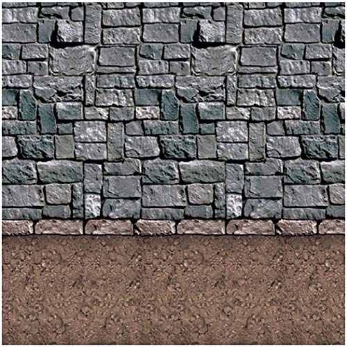 Beistle Stone & Dirt Floor Wall Backdrop, 4’ x 30’ – Medieval Party Decorations, Medieval Decor Background, Photo Backdrop, Easy to Adhere Wall Covering, Stone Backdrop, Halloween Party Decorations - Image 1