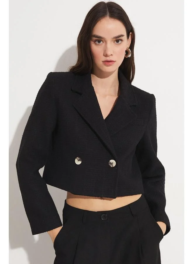 JUNE June Double Breasted Crop Jacket Black