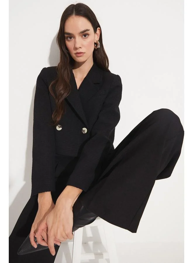 JUNE June Double Breasted Crop Jacket Black