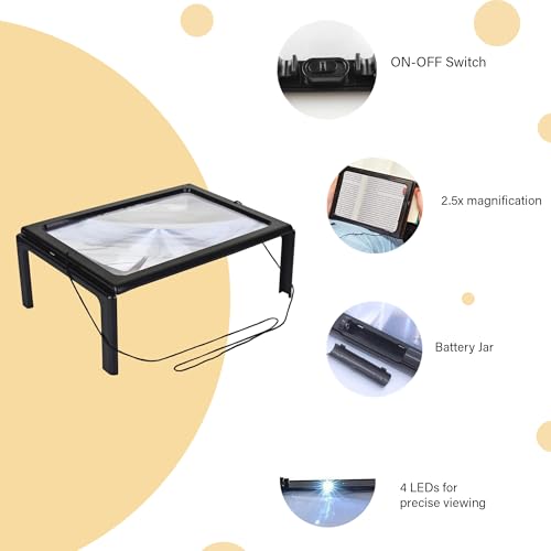 oddpod™ Hands Free Portable Rectangular Full Page Multi-Purpose 2.5X Reading Magnifier with 4 LED Lights & Folding Stand for Elder, Low Vision People to Read Small Prints - Image 4