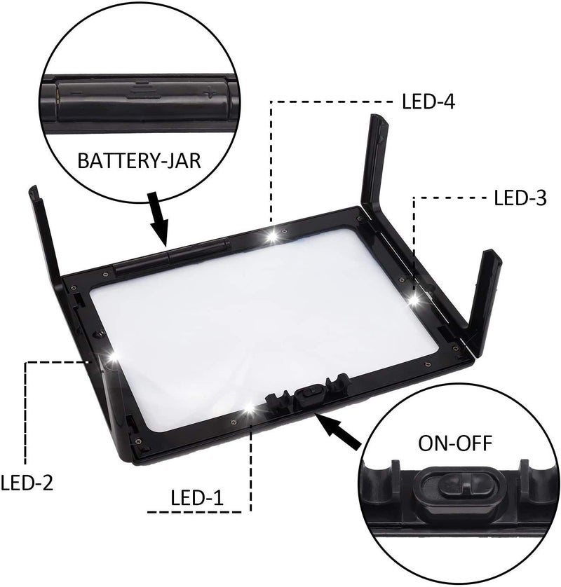 oddpod™ Hands Free Portable Rectangular Full Page Multi-Purpose 2.5X Reading Magnifier with 4 LED Lights & Folding Stand for Elder, Low Vision People to Read Small Prints - Image 5