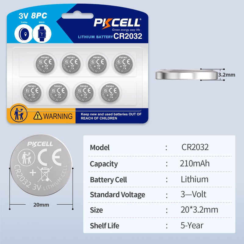 Pkcell Cr2032 Batteries 8-Pack 2032 Lithium Battery Cr2032 Lithium 3V Coin Battery - Image 2