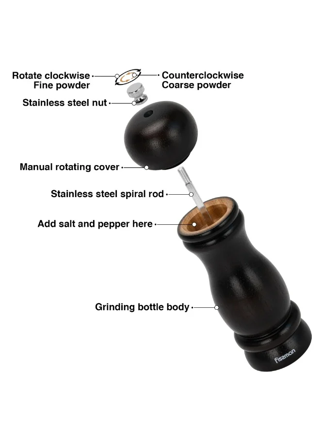 فيسمان Pepper Mill Rubber Wood Body with S/S Grinder 16cm, Stylish With Simple Design For Restaurant or For Everyday Use, Natural Wood Material, Grinding Mechanism with Adjustable Grinding Degree