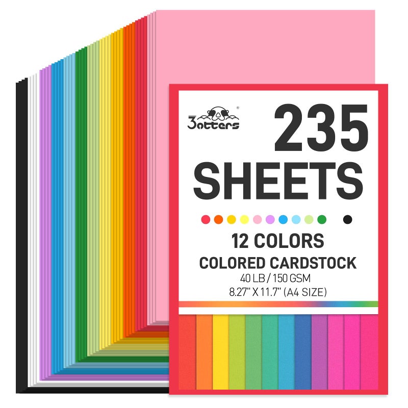 3 otters 235Sheets 8.27" x 11.7" Construction Paper Assorted Colors, 12 Colored Cardstock Printer Paper, for Printing, DIY Crafts, Party Decorations, Teacher Kids Classroom Must Have, 40 lb/150 GSM - Image 1