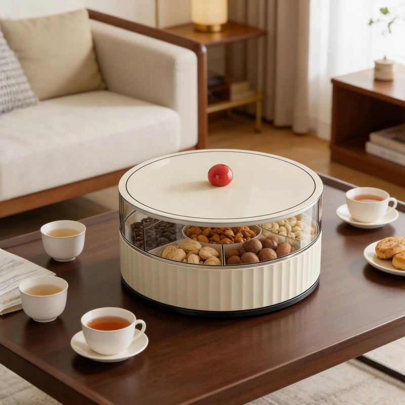 Cream-White Plastic Snack Serving Tray with Lid, 5-Compartment Rotating Round Dried Fruit Organizer, Double-Layer Nut Food Storage for Gatherings - Image 4