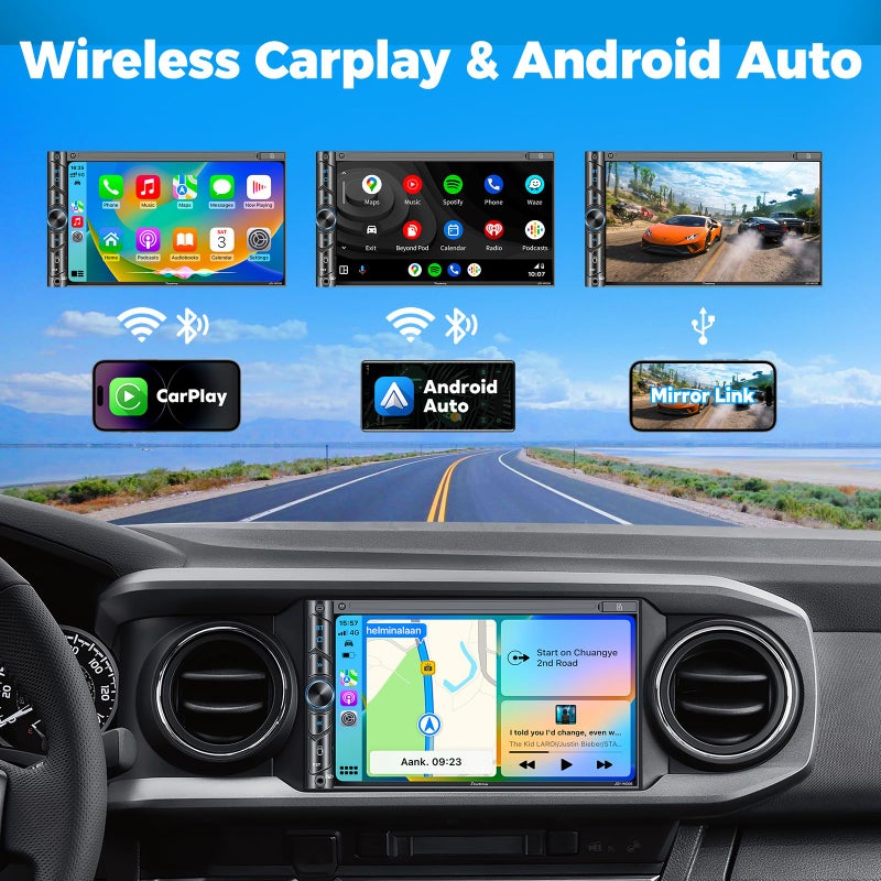 SJoyBring Double Din Car Stereo - Wireless Apple CarPlay & Android Auto, 240W 4.2CHN, 7" Touchscreen, SWC, Bluetooth, FM/AM Car Radio, 2 Subwoofers Outputs, Backup Camera - Image 3