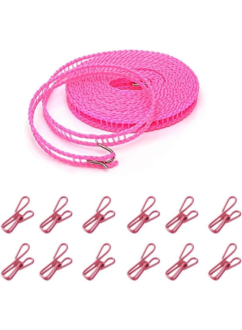 Hedge Portable Windproof Clothesline with 12 Clips 5m Non-Slip Travel Laundry Drying Line, Adjustable Nylon Rope for Outdoor Camping Cruise Indoor Hotel and Backyard Pink - Image 1