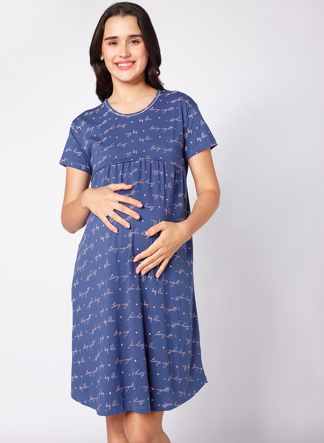 beebelle Typography Printed Pure Cotton Knee Length Maternity Nightdress - Image 1