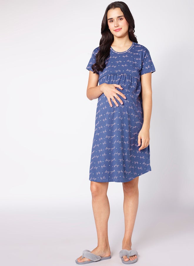 beebelle Typography Printed Pure Cotton Knee Length Maternity Nightdress - Image 4