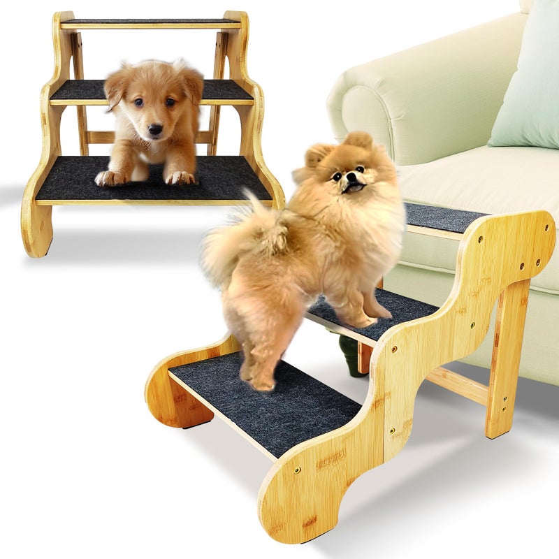 GXONE Dog Stairs for Small Dogs,Bamboo 3 Step Dog Stairs, Dog Stairs for Small Dogs to Get On High Beds/Couch,Dog/Pet Steps for Car - Image 1