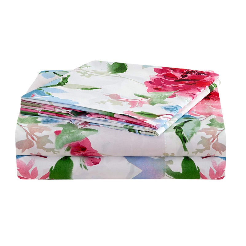 JSD Watercolor Rose Floral Sheet Set Queen Size 4 Piece Soft Printed Microfiber Sheets Extra Deep Pocket