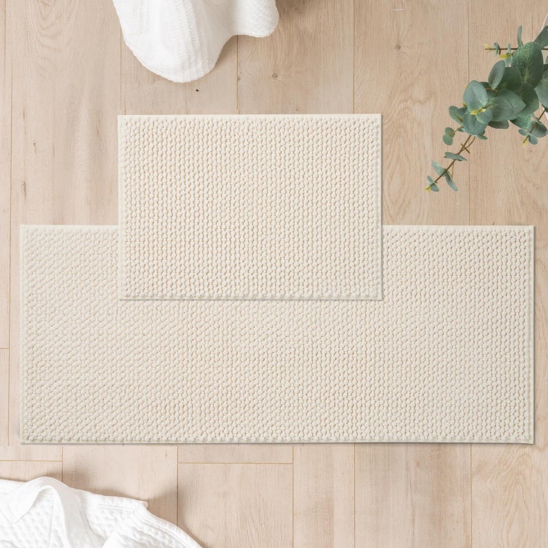 FRESHMINT Chenille Bathroom Rugs Sets 2 Piece 17"x24"+20"x47", Non-Slip Bath Mats Set for Bathroom, Absorbent Bath Rug, Washable Set of 2 Shower Floor Mat Runner, Cream - Image 1