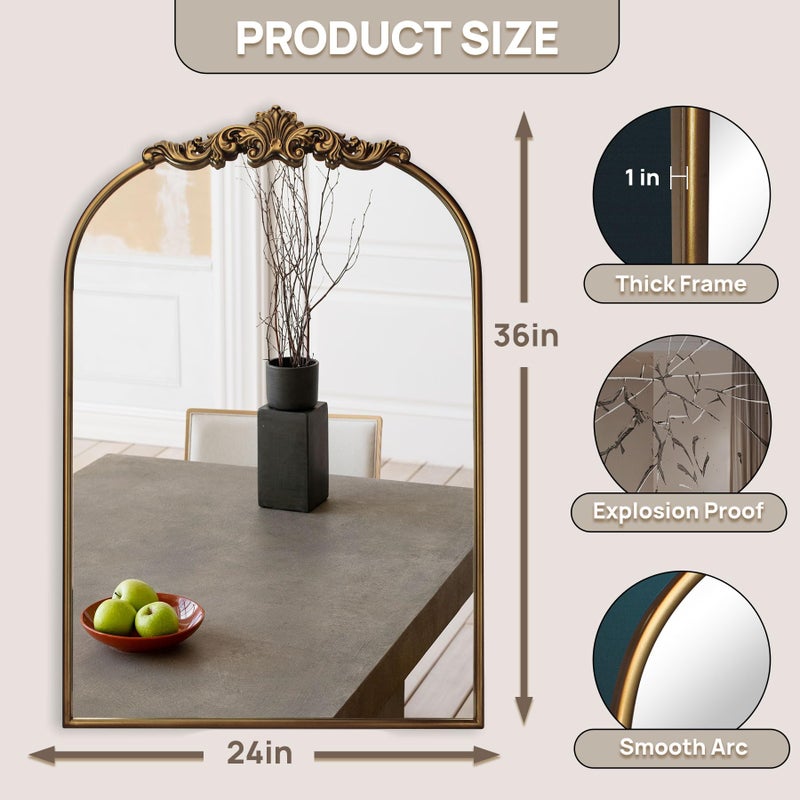 Wemily مرآة ويملي المزخرفة على طراز الباروك العتيق - 24"X36" مرآة قوسية من النحاس الأصفر العتيق بإطار معدني كامل - مثالية للمدخل، المدفأة، غرفة المعيشة، الممر، أو ديكور الحمام - Image 3