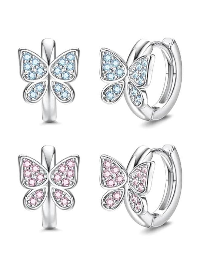 Generic - S925 Sterling Silver Post Butterfly Earrings Cubic Zirconia Butterfly Huggie Hoop Earrings Tiny Cute Earrings for Women Teen Girls Sleeper Small Hoop Earrings - Image 1