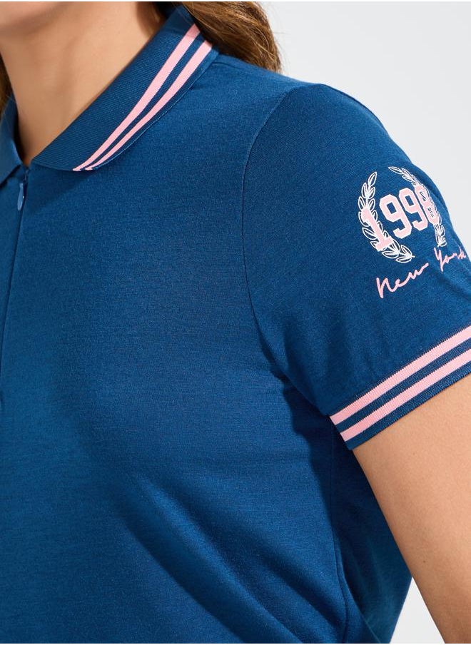 Regular Fit Contrast Tip Rib Printed Polo T-Shirt