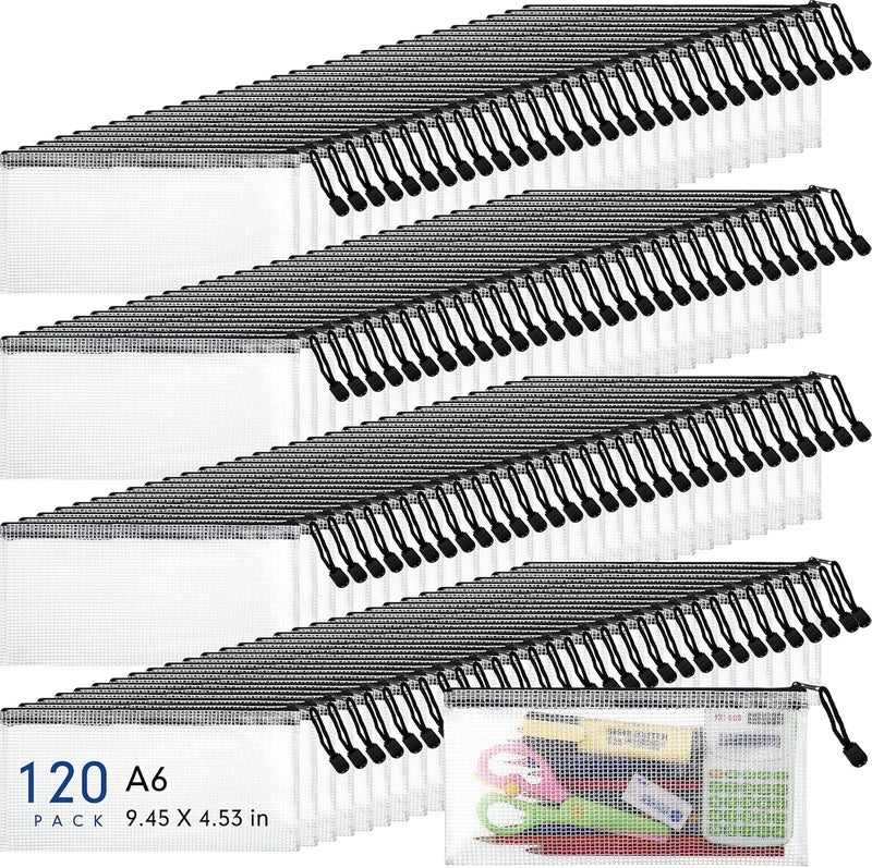 Sherr 120 Pcs Mesh Zipper Pouch Bulk Small Pencil Bags Waterproof Mesh Bags with Zipper PVC Document Pouch Multipurpose Document Bill File Bags for School Office Travel (White and Black) - Image 1