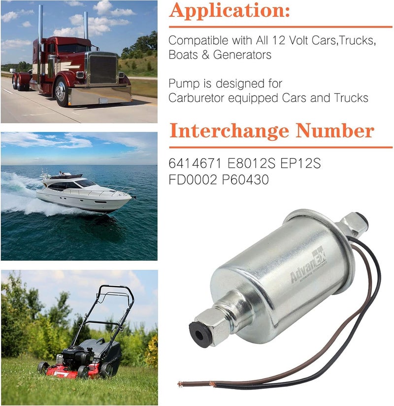AdvanEX مضخة وقود كهربائية عالمية AdvanEX 12V ضغط منخفض لنقل البنزين والديزل للكربوراتور مع مجموعة التثبيت E8012S - Image 2