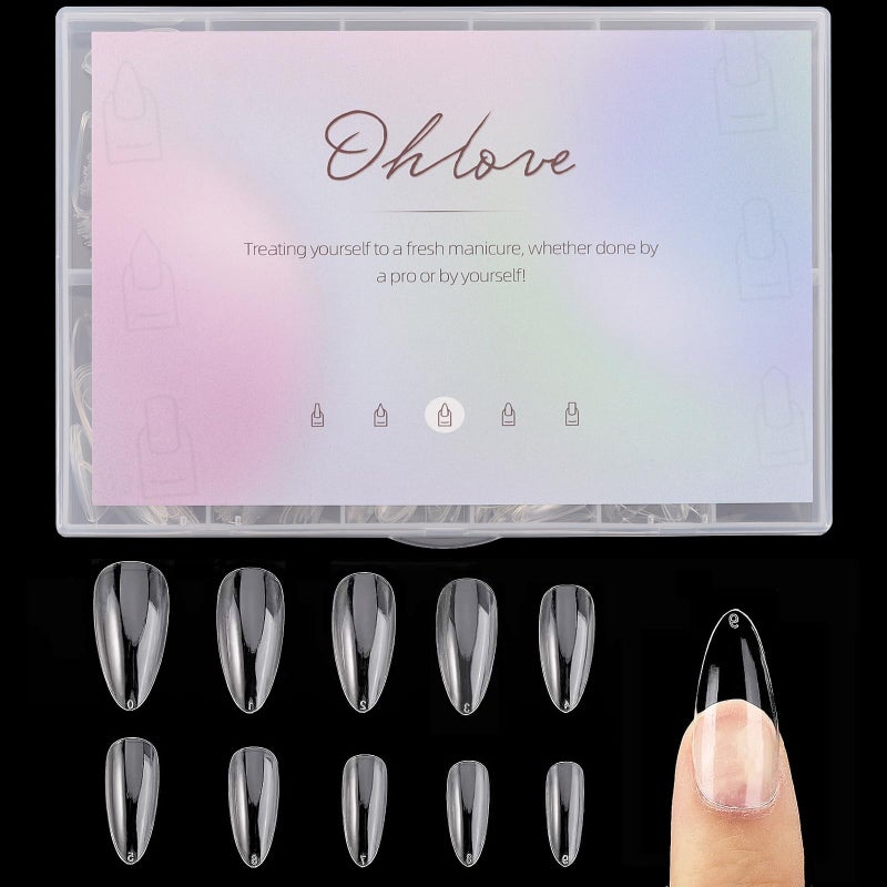 Ohlove 500 قطعة نصائح أظافر لوز متوسطة مزيفة تغطي كامل الأظافر أكريليك شفاف أظافر مضغوطة لفن الأظافر DIY، 10 أحجام - Image 1
