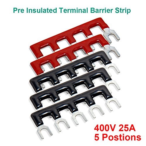 MILAPEAK Terminal Block and Strip - 10pcs (5 Sets) 5 Positions Dual Row 600V 25A Screw Terminal Blocks with Cover + 400V 25A 5 Positions Pre-Insulated Terminals Barrier Strips (Black & Red) - Image 5