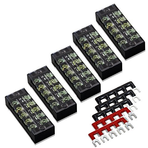 MILAPEAK Terminal Block and Strip - 10pcs (5 Sets) 5 Positions Dual Row 600V 25A Screw Terminal Blocks with Cover + 400V 25A 5 Positions Pre-Insulated Terminals Barrier Strips (Black & Red) - Image 1