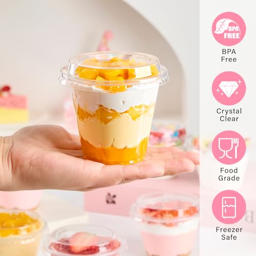 Qeirudu 50 Pack 9 Oz Clear Plastic Dessert Cups with Lids, Small Parfait Cups Mini Round Party Serving Cups for Cakes, Puddings, Fruits, Ice Creams, Dessert Shot Glasses - Image 3