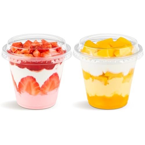 Qeirudu 50 Pack 9 Oz Clear Plastic Dessert Cups with Lids, Small Parfait Cups Mini Round Party Serving Cups for Cakes, Puddings, Fruits, Ice Creams, Dessert Shot Glasses - Image 1