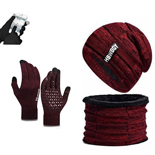 REFFER Latest Stylish Winter Woolen Beanie Cap Scarf (Fur Inside) and Touchscreen Gloves Set for Men and Women Stretch Warm Winter Cap (Maroon 88) - Image 1