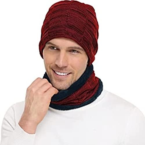 REFFER Latest Stylish Winter Woolen Beanie Cap Scarf (Fur Inside) and Touchscreen Gloves Set for Men and Women Stretch Warm Winter Cap (Maroon 88) - Image 4