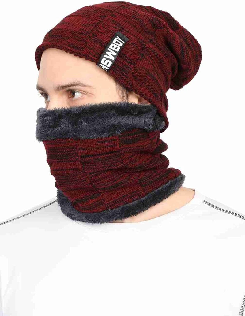 REFFER Latest Stylish Winter Woolen Beanie Cap Scarf (Fur Inside) and Touchscreen Gloves Set for Men and Women Stretch Warm Winter Cap (Maroon 88) - Image 5