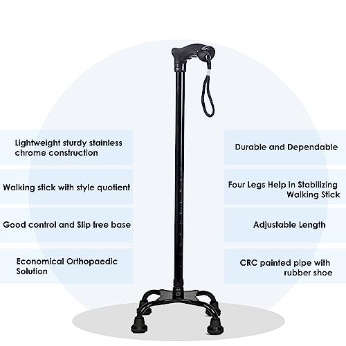 MCP Quadripod Height Adjustable Aluminium Four Legged Walking Stick for Men, Women, Old People Senior Citizens Patients Support, Trekking 4 Leg Cane Stick (Black) - Image 3