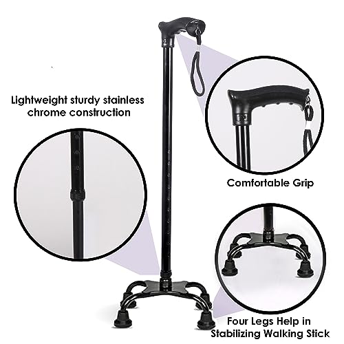MCP Quadripod Height Adjustable Aluminium Four Legged Walking Stick for Men, Women, Old People Senior Citizens Patients Support, Trekking 4 Leg Cane Stick (Black) - Image 2