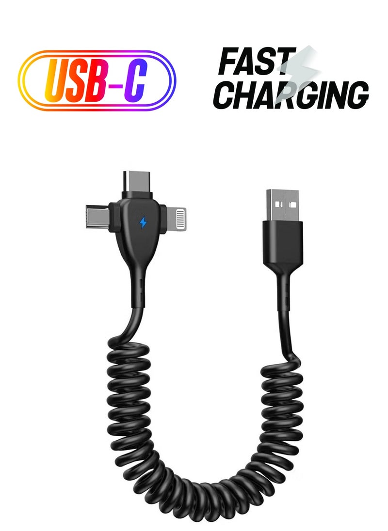 Generic 3 in 1 Coiled Lightning Cable for Car Coil iPhone Charger Cable, USB Cable Fast Charger Compatible with Lightning Type-C Micro USB for iPhone 14 13 12 11 XS XR X 8 7 Support iOS Android Tablets PC  - Image 1