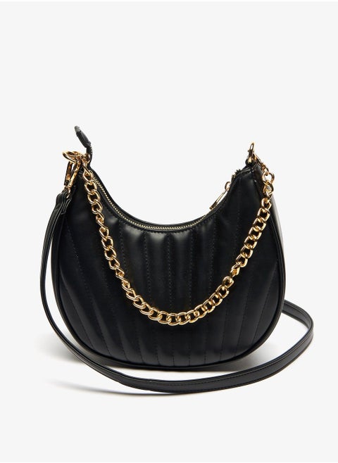 Textured Shoulder Bag with Zip Closure and Chain Detail