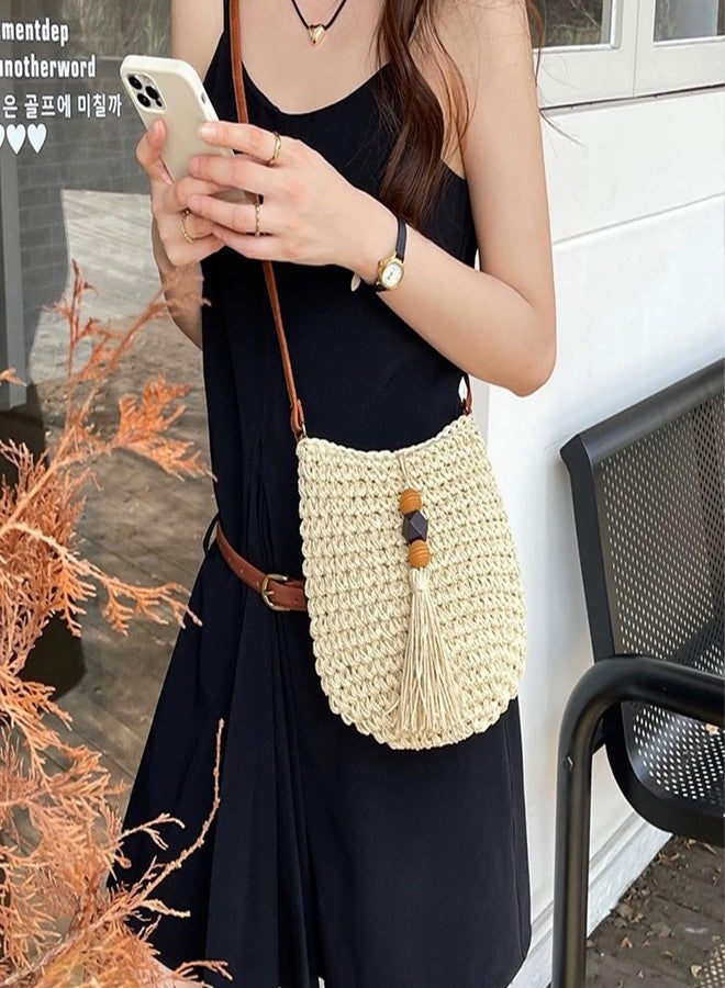 Busnos Small Summer Beach Bags Straw Beach Bag Woven Purse Womens Small Handbag Shoulder Purse Straw Clutch Purses for Women Cute Beige Shoulder Bag - Image 3