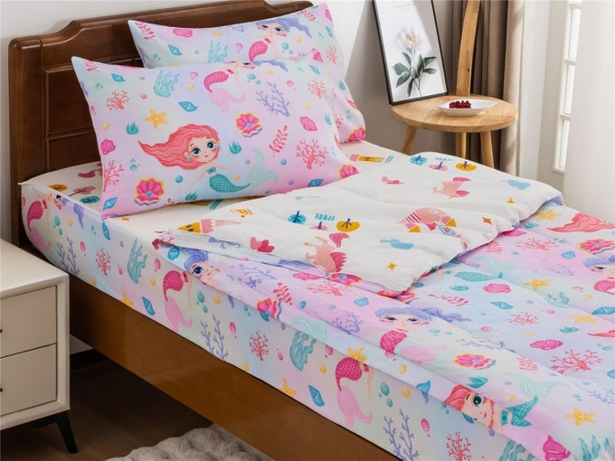 MERMAID PRINTED ZIPPER BEDDING SETS TWIN LIGHTWEIGHT MICROFIBER GIRLS KIDS OCEAN COMFORTER SETS WITH FITTED SHEET PILLOW COVERSMULTI